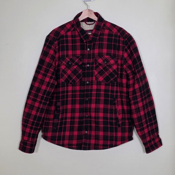 Lucky Brand Shacket Mens L Buffalo Plaid Red Black Snap On Sherpa Lined Flannel - Picture 1 of 16